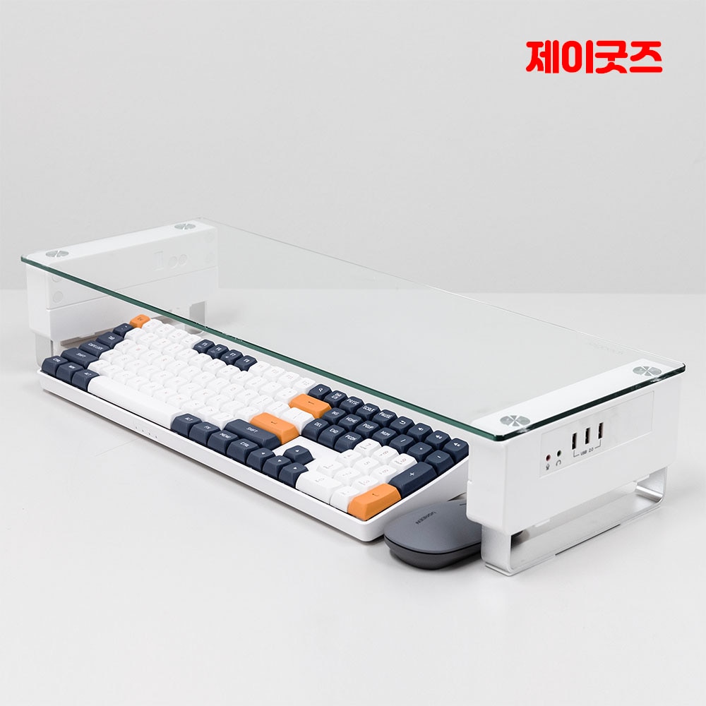 [오늘출발] 제이굿즈 높이조절 USB 듀얼 모니터 받침대 R1 강화유리 선반 컴퓨터 받침 스탠드