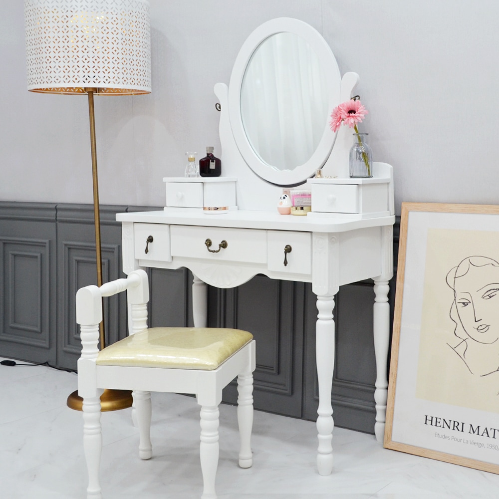 [신상품] 미세몽 사비아 화이트 화장대서랍장 엔틱 원목 수납 입식 콘솔 수납장 화장대 세트