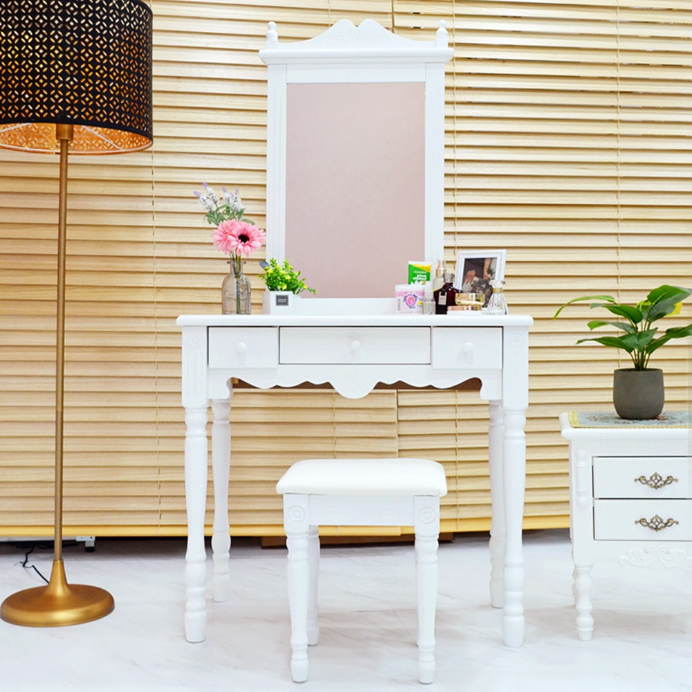 [신상품] 미세몽 피아 화이트 화장대서랍장 엔틱 원목 수납 입식 콘솔 수납장 화장대 세트 (스툴포함)