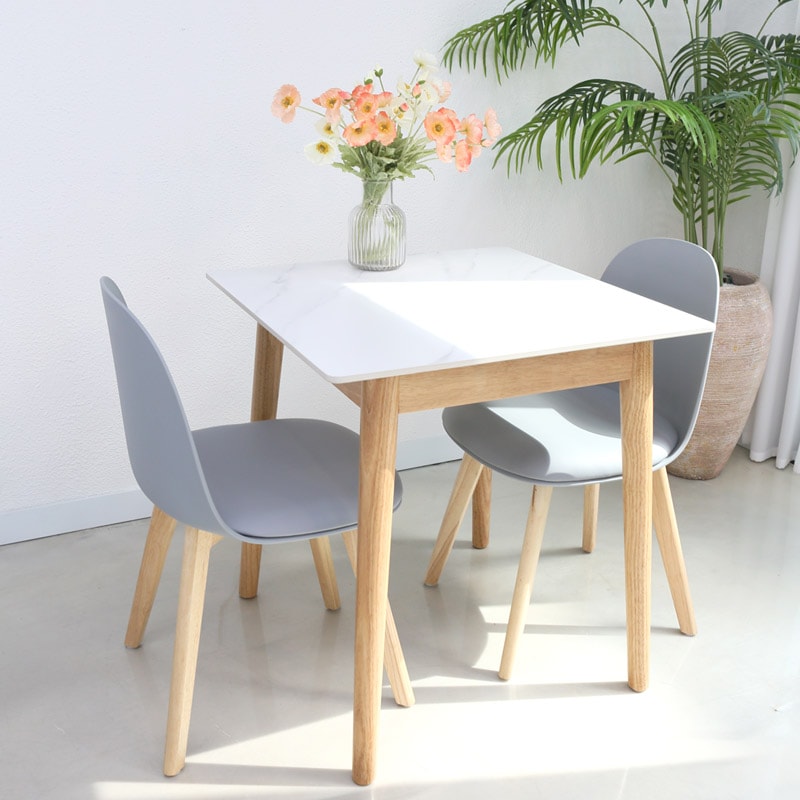 참갤러리 라운드 원목 2인용 세라믹 식탁세트,700 정사각 화이트상판 그레이의자