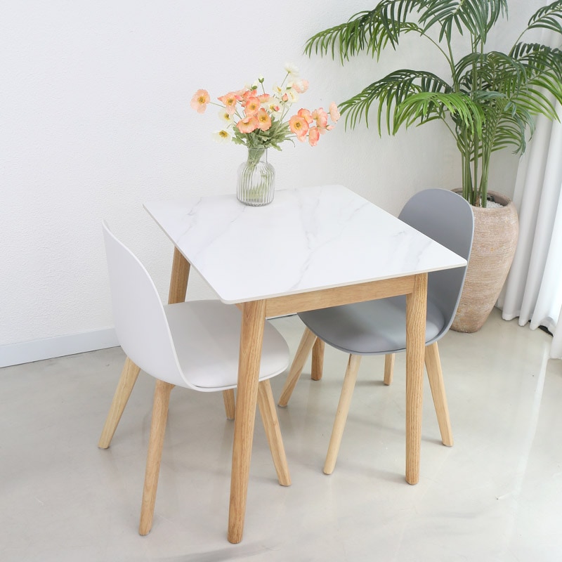 참갤러리 라운드 원목 2인용 세라믹 식탁세트,700 정사각 화이트상판 화이트&그레이의자