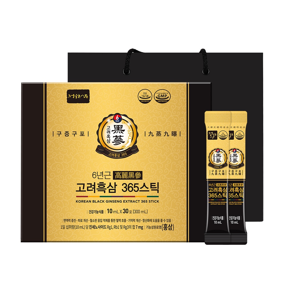 정원삼 구증구포 6년근 고려흑삼 365스틱 1박스 30포 흑삼스틱 홍삼스틱 선물세트 쇼핑백 증정