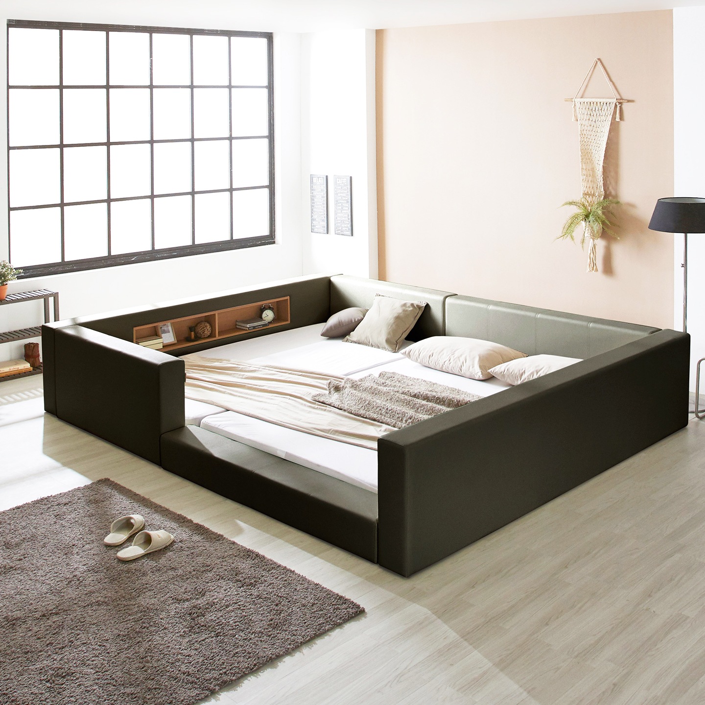 파로마 샤이니 범퍼형 LED 패밀리 침대 + 매트리스 - 샤이니 범퍼형 패밀리침대2.5M+솔리드독립SS+SS_초코브라운