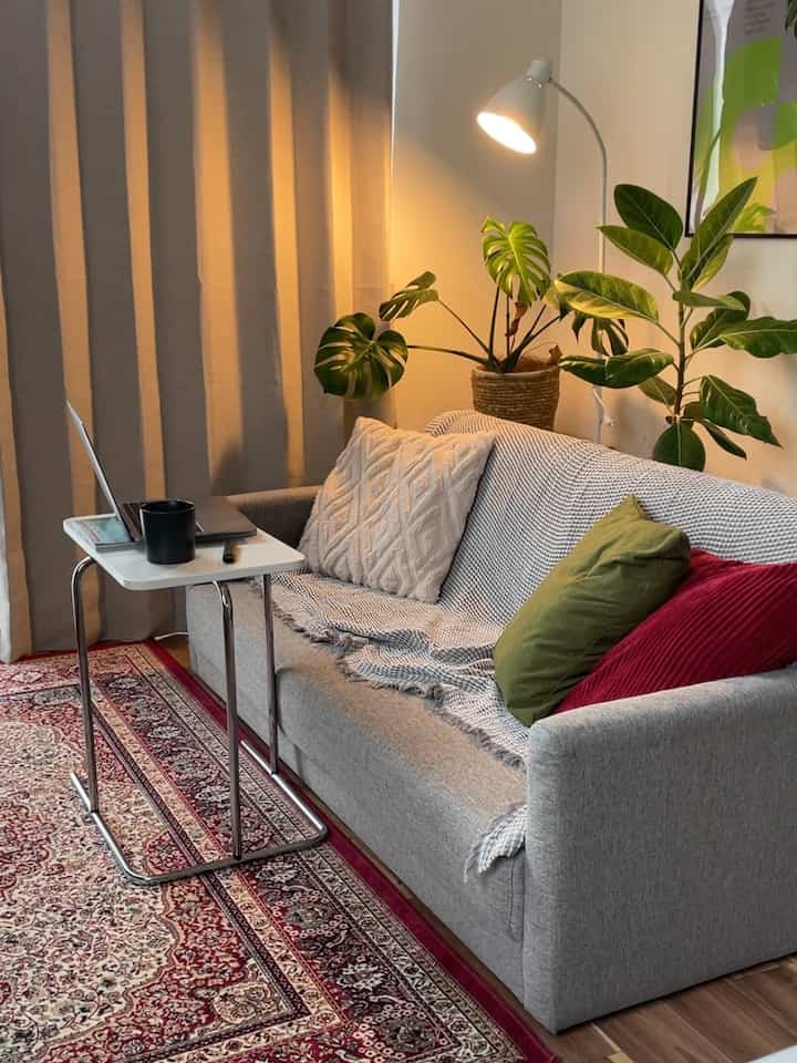 Natural-toned home office featuring gray sofa, red Persian-style rug, side table, and floor lamp