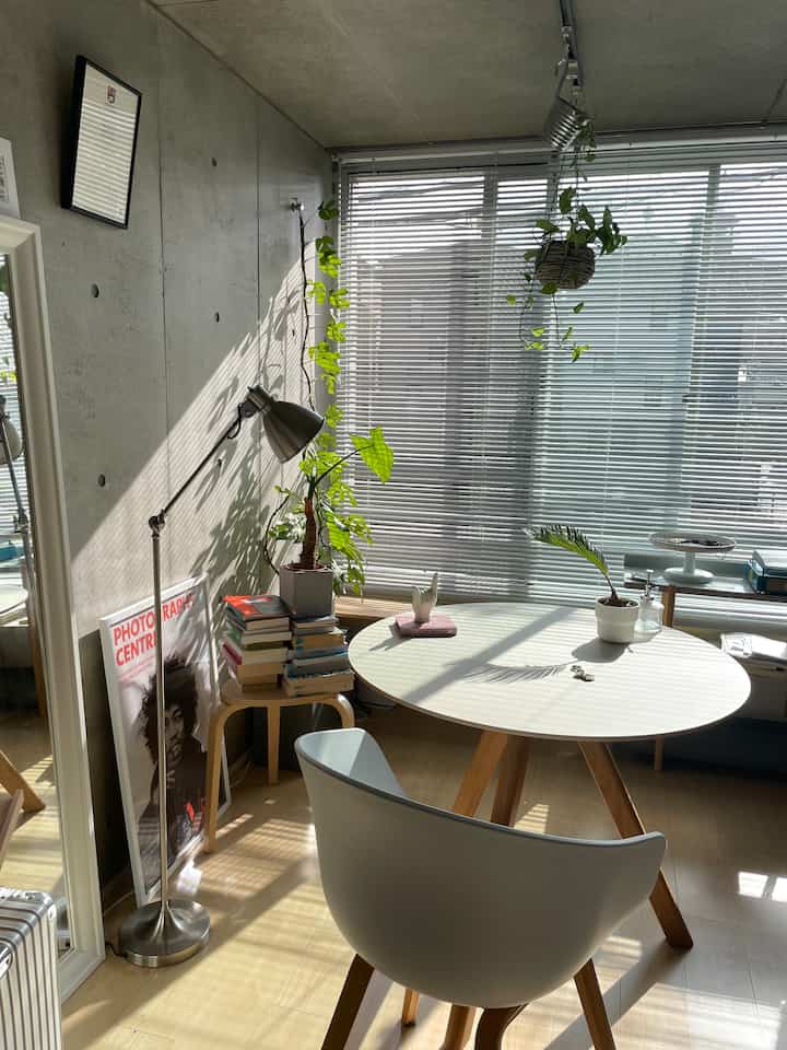 Natural style dining room with bright natural light and wood tones, featuring a round dining table and chair
