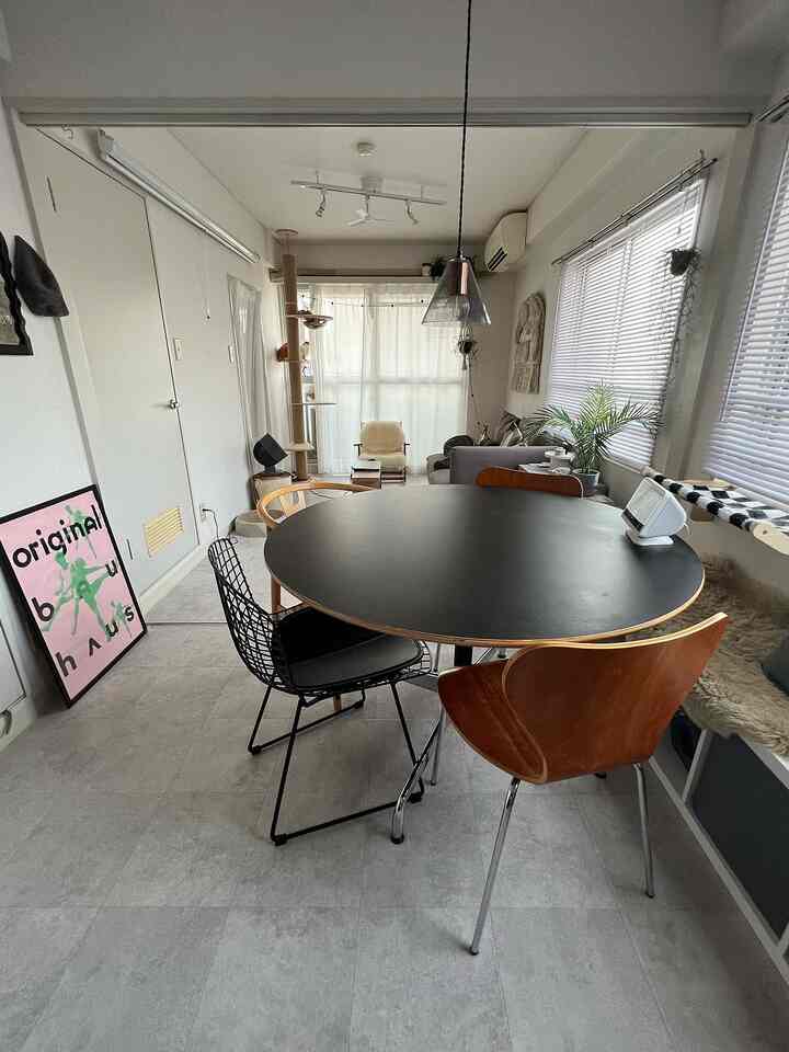 White and black toned living and dining area featuring wooden chairs and a cat tower with a natural ambiance