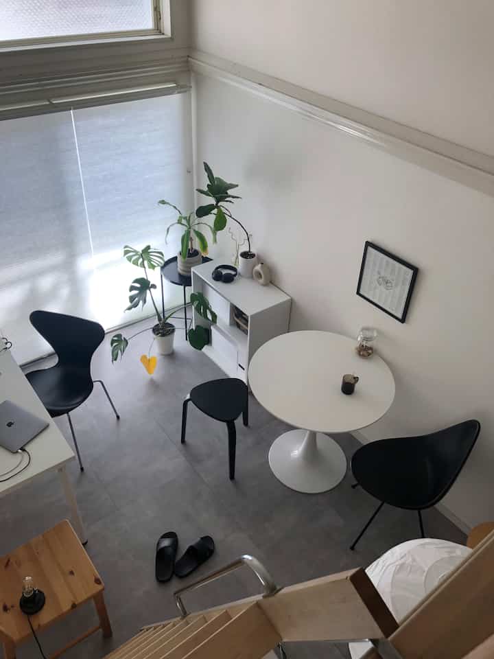 白と黒のトーンが印象的な1K一人暮らし用ダイニングルーム、モダンな家具と植物が配置されたコンパクトで清潔感のある空間