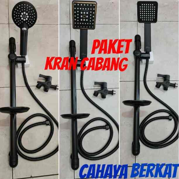 paket shower tiang stainless hitam + kran cabang