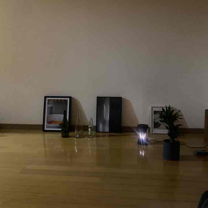 ウッドトーンの床とミニマルなインテリア、壁にポスターと植物が配置された雰囲気のある空間