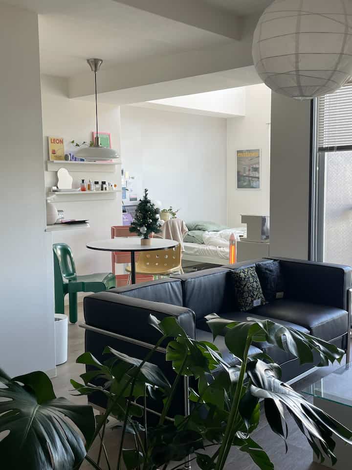 White and black toned studio apartment living room with bedroom area, featuring large monstera plant in modern natural style