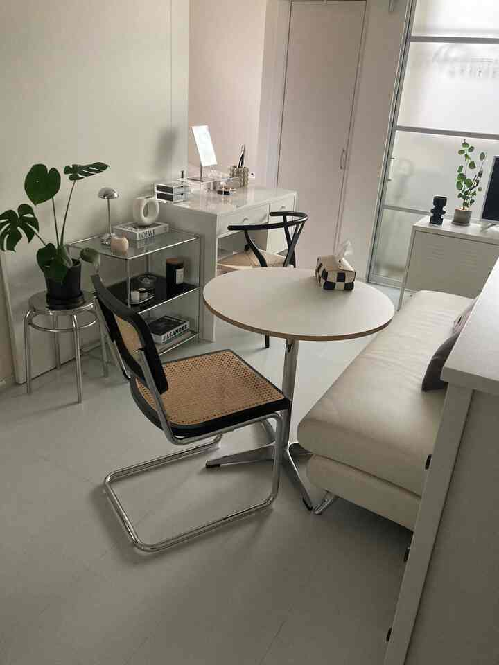 Monotone modern 1LDK studio living room featuring sofa, dining table, and plants with a clean atmosphere