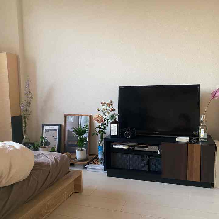 Beige-toned bedroom with light wood flooring, wooden bed frame, TV stand, and multiple vases and plants creating a cozy atmosphere
