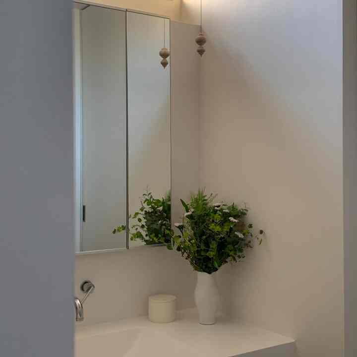 白色のバスルーム、シンクの上に花瓶と植物が置かれたシンプルで自然な雰囲気のインテリア