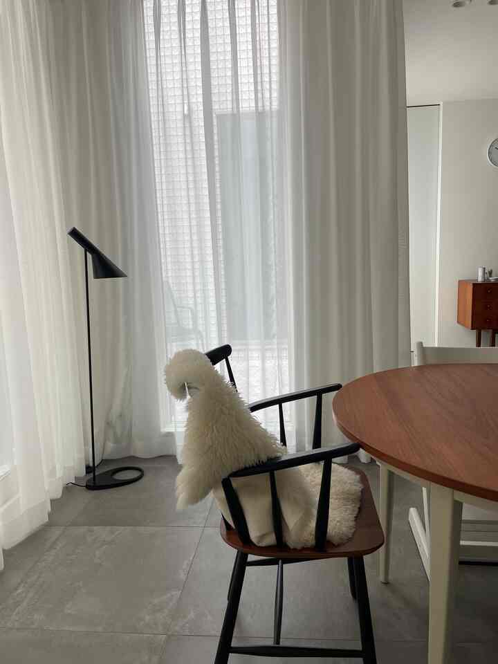 Natural modern living room with bright white curtains backdrop, black floor lamp, wooden dining table, and chair with white sheepskin