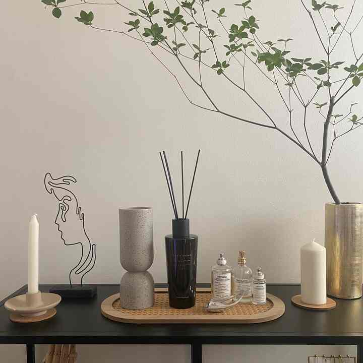 白い壁のリビング、黒いコンソールテーブルとベージュのトレイ、ディフューザー、緑の植物が配置された雰囲気のあるインテリア