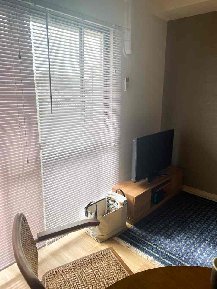 Natural and wood tone living room featuring window blinds and a perfectly sized TV stand in a modest setting