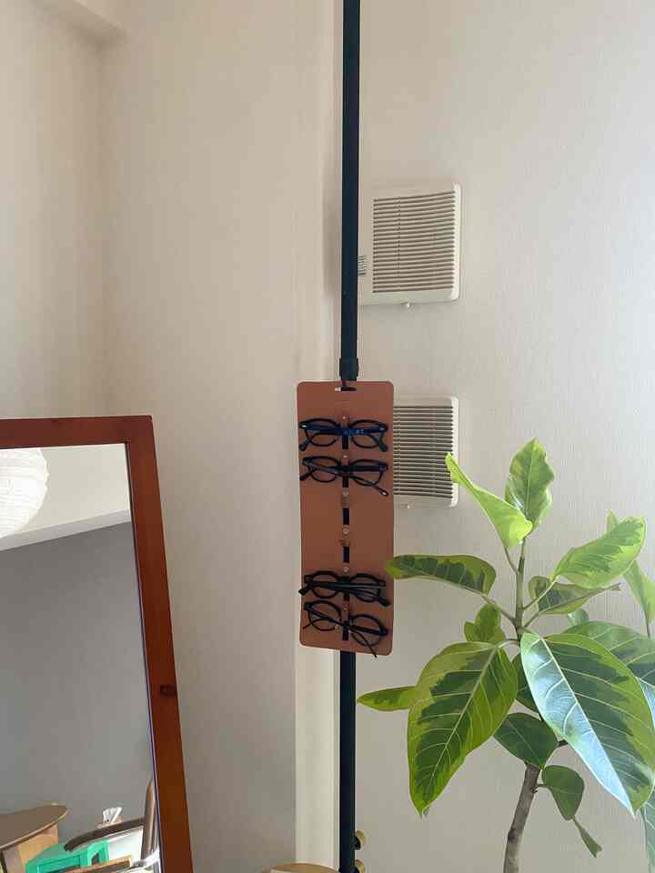 A beige wall with a brown leather eyeglass holder attached to a black tension rod, green plant visible on the right, creating a neat storage space