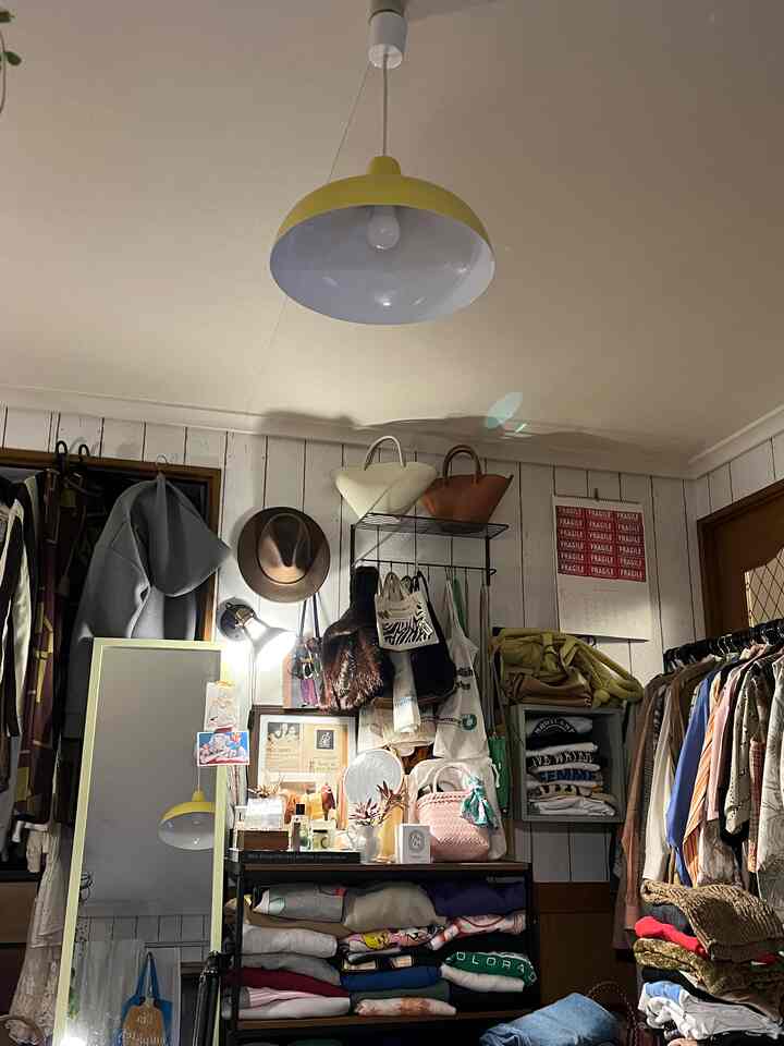 Cozy small room with yellow pendant light featuring organized storage shelves and clothes racks