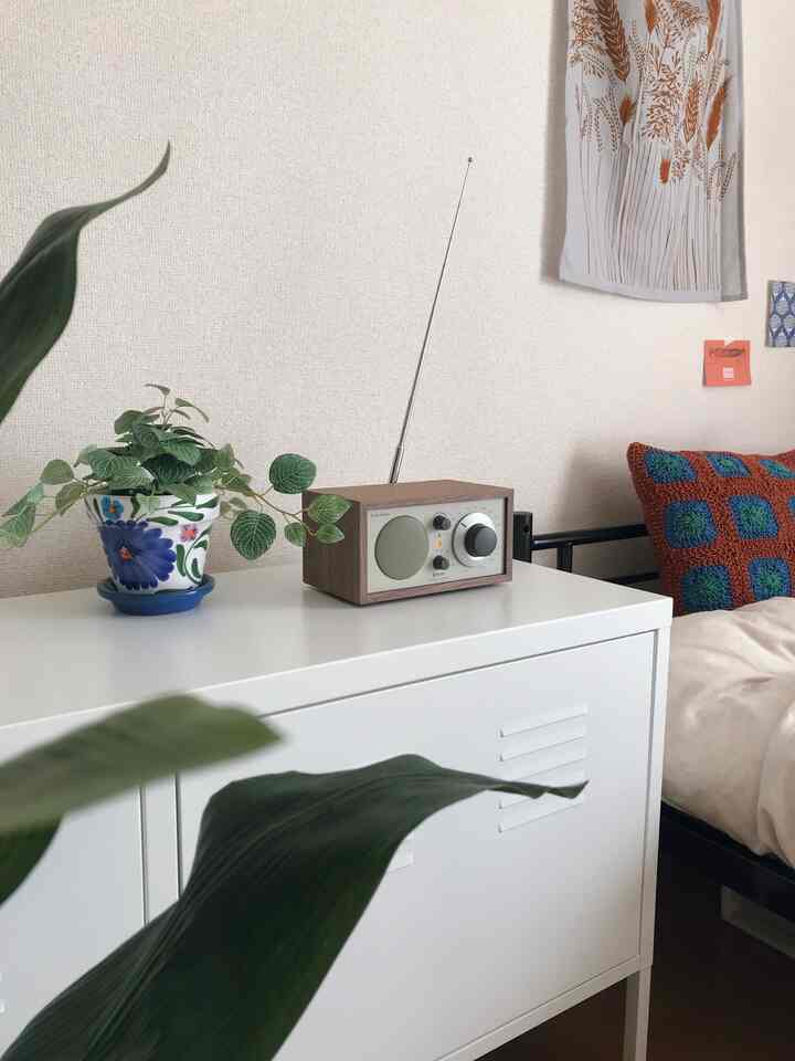 Natural-toned small bedroom featuring a white cabinet with a Tivoli Audio radio and potted plant in a simple setting