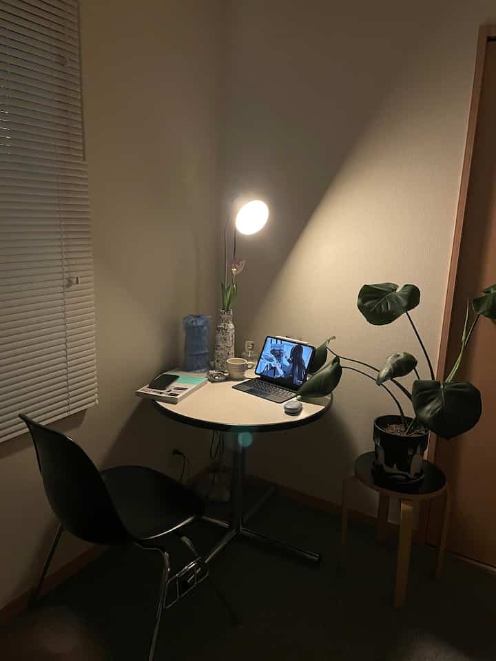 Monotone white and black studio home office with central work table, lamp, and plants in a cozy corner