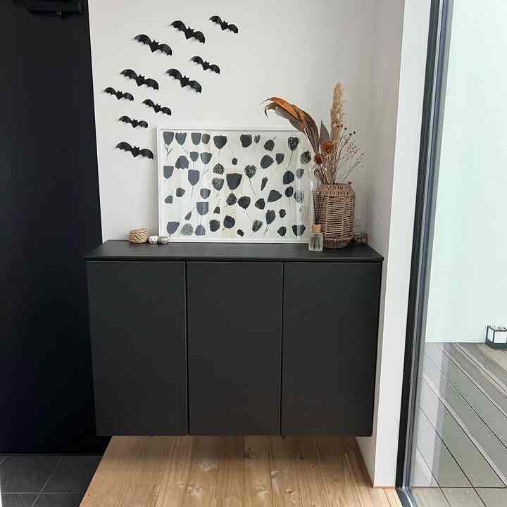 Entrance area with white walls and black shoe cabinet, decorated with a rattan plant stand and a monochrome poster for a natural, sleek feel