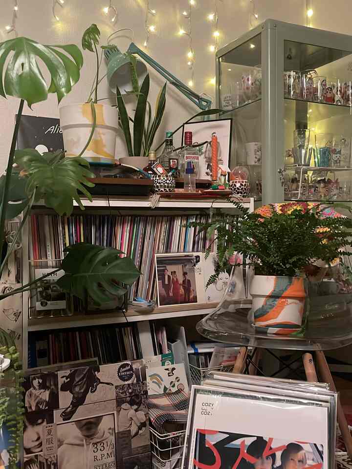 Natural tones and transparent chair in a single household living space filled with plants and records, cozy ambiance