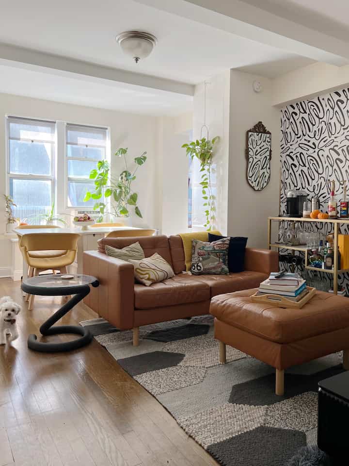 Natural warm-toned living room featuring modern furniture and pet presence with cozy atmosphere