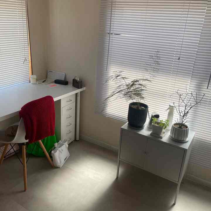 White and beige toned home office featuring desk, chair, dresser, and plants in a simple and clean atmosphere