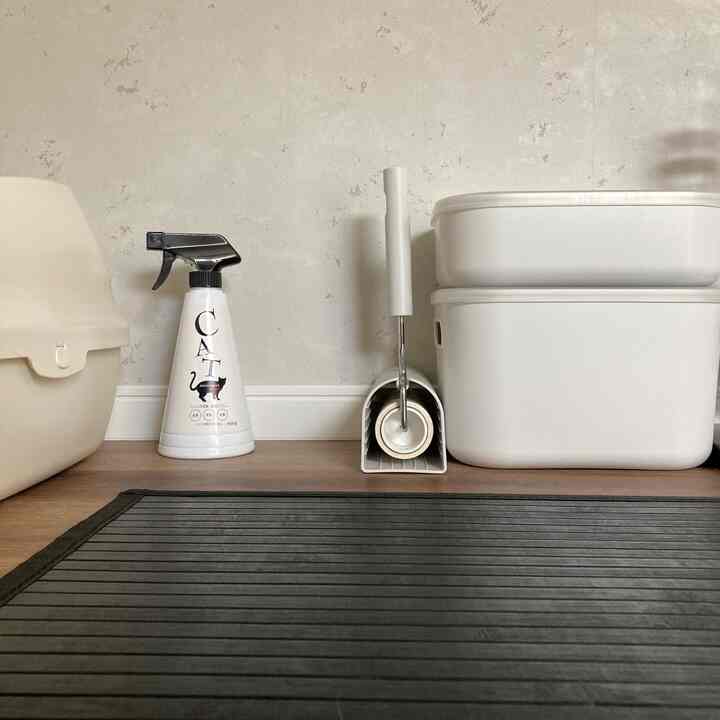 Beige and white toned small space featuring a cat litter box, pet deodorizing spray, and lint roller arranged neatly as pet care essentials