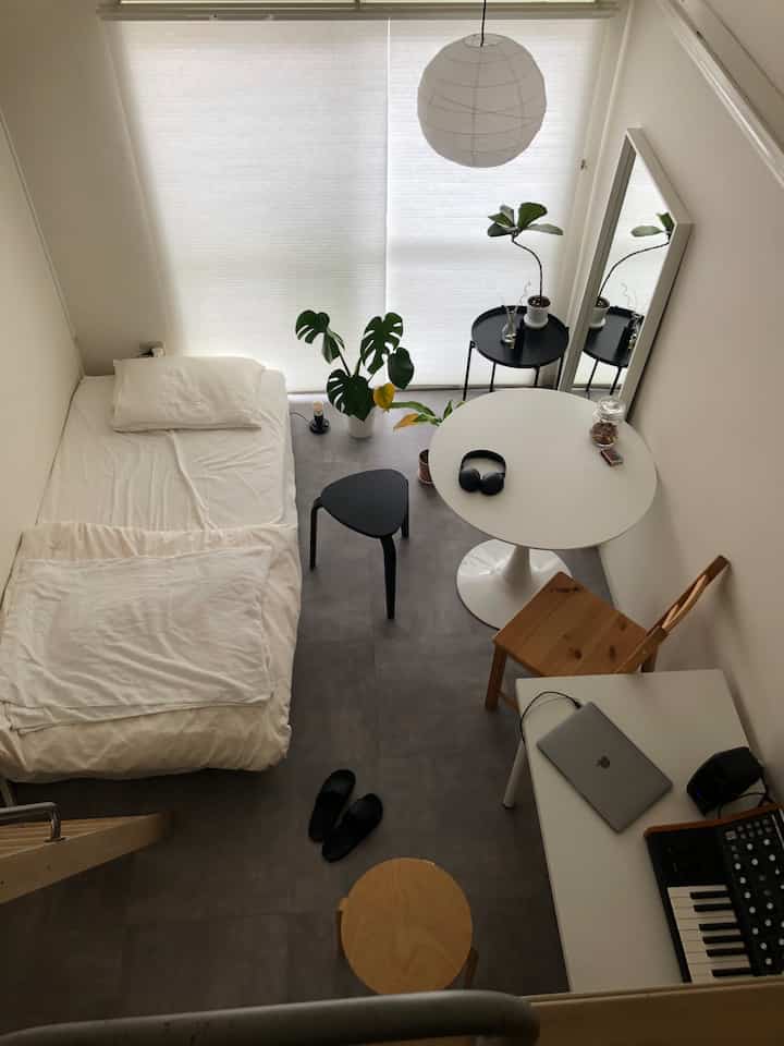 A compact bedroom in white and brown tones, featuring a minimalistic natural style with plants and a home office setup