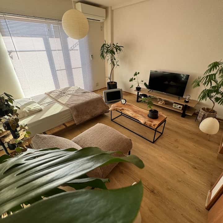ナチュラルカラーと木目調の1Kワンルーム、シンプルな家具と植物が配置された落ち着いた寝室兼リビングルーム