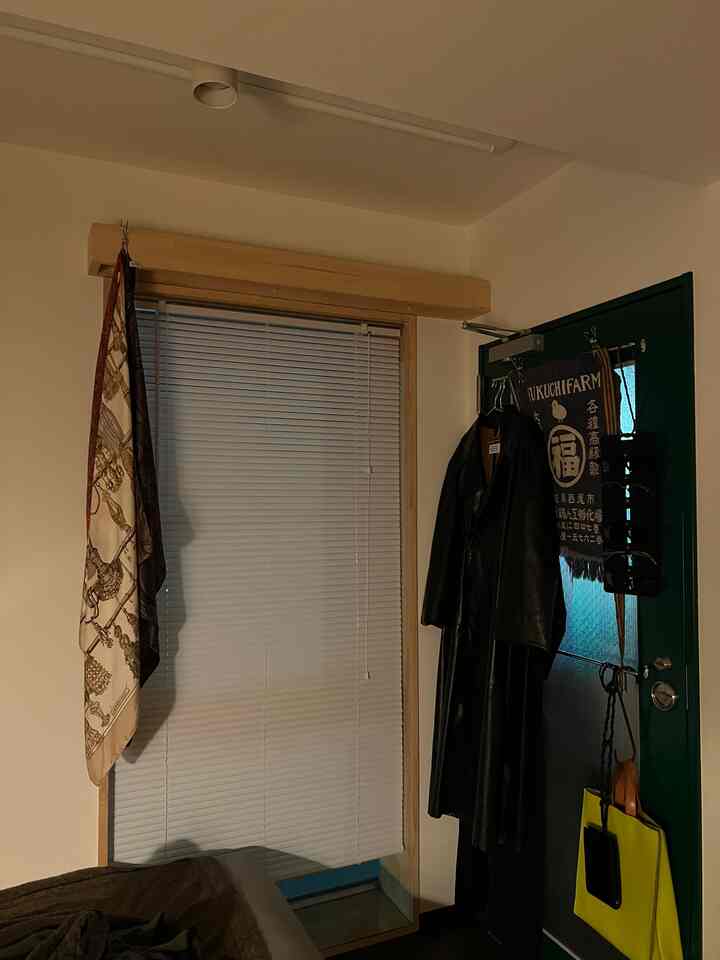 Small living room with white walls and dark brown sofa, white aluminum blinds on the window, coat and accessories by green entrance door