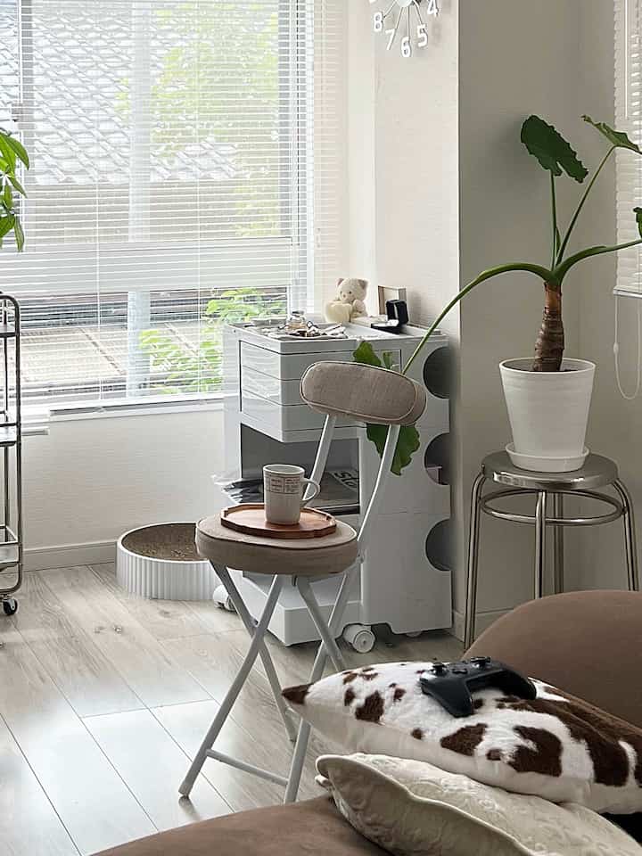 Small room with white and silver tones featuring a beige stool and pet accessories, creating a natural atmosphere