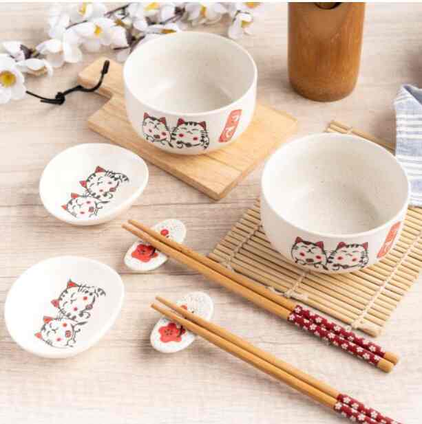 Ceramic Bowl Set Japanese Cat 