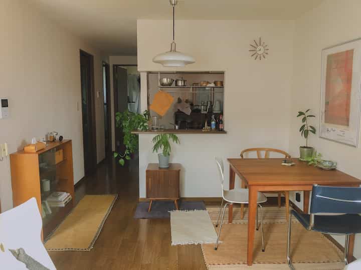 ベージュと木目調のダイニングルーム、木製家具と植物が配置された落ち着いた雰囲気のあるインテリア