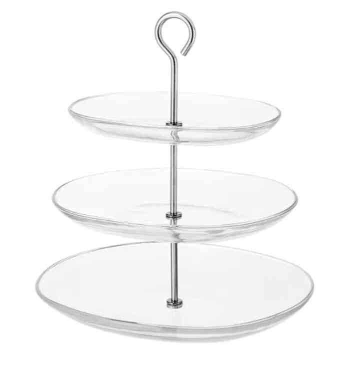 KVITTERA Tempat saji, tiga tingkat, kaca bening/baja tahan karat