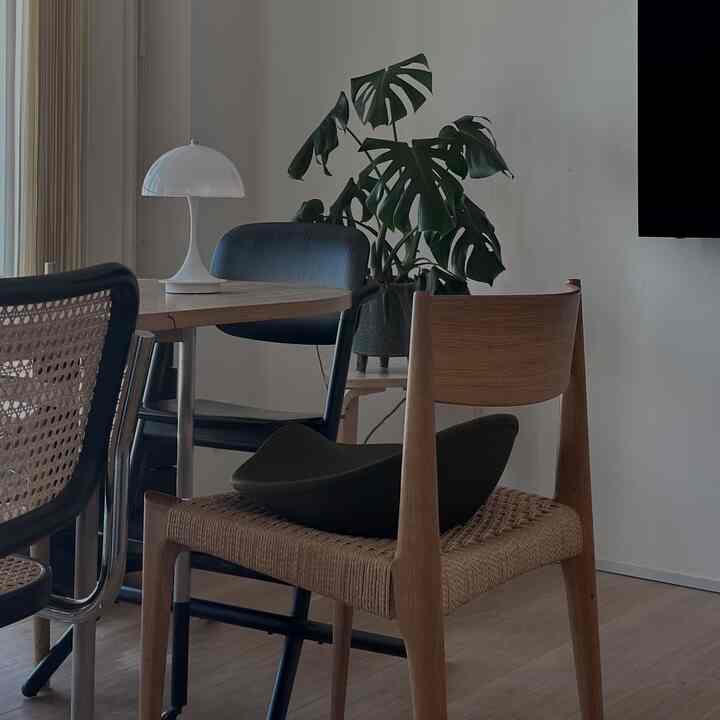 ナチュラルな色調のダイニングルーム、木製の椅子とテーブルランプと観葉植物が配置された印象的なインテリア