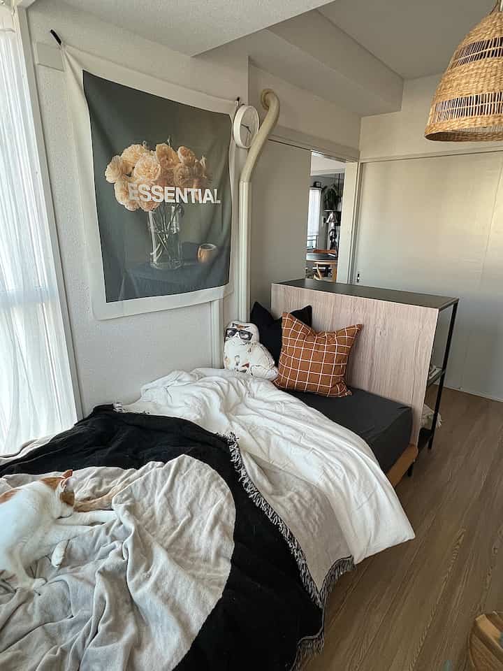 Natural white and wood tone bedroom featuring a bed with cushions, fabric poster on wall, and a cat resting on bedding creating cozy atmosphere