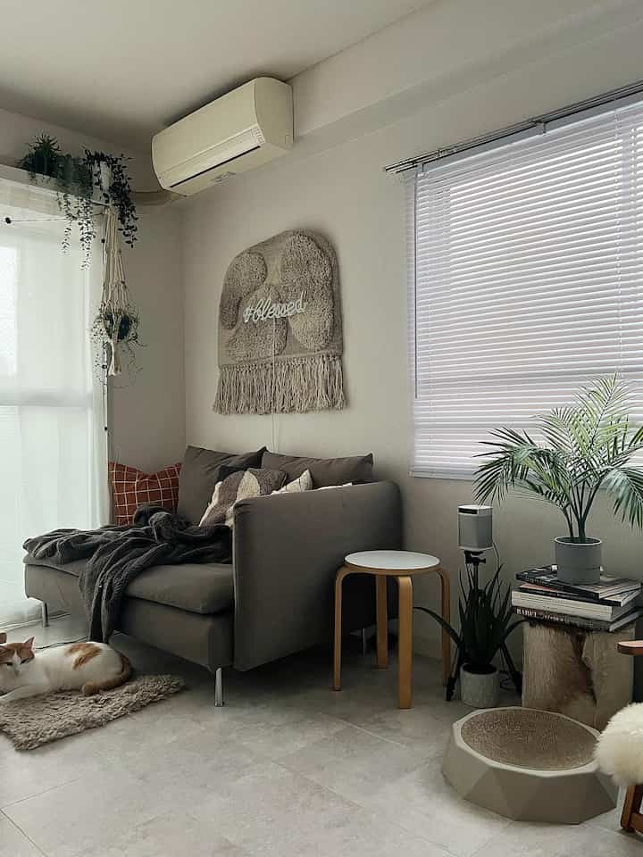 ベージュとグレーの色調のリビング、中央にグレーのソファと複数の植物、猫とペット用品が配置された落ち着いた空間