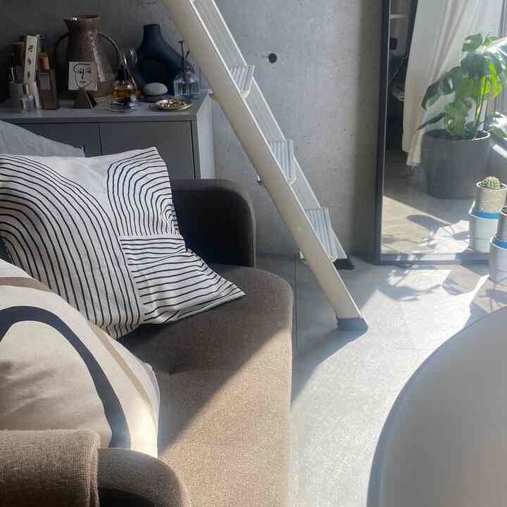 自然光の差し込むリビング、ブラウンのソファとグレーのキャビネット、植物が配置されたミニマルで自然な雰囲気のインテリア