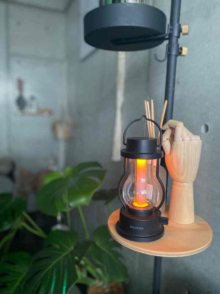 Modern space with wood tone and black accents featuring lantern objet and plants, creating a cozy atmosphere