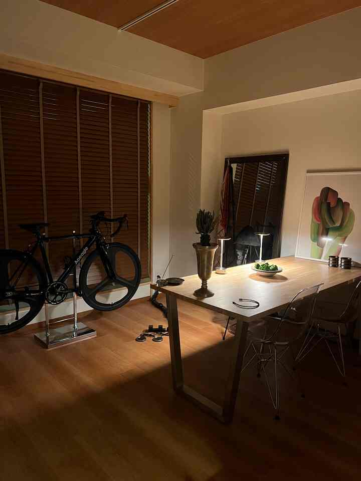暖かい木目調とシルバー素材が調和した一人暮らし用ダイニング、印象的な自転車スタンドと間接照明が配されたモダンな空間