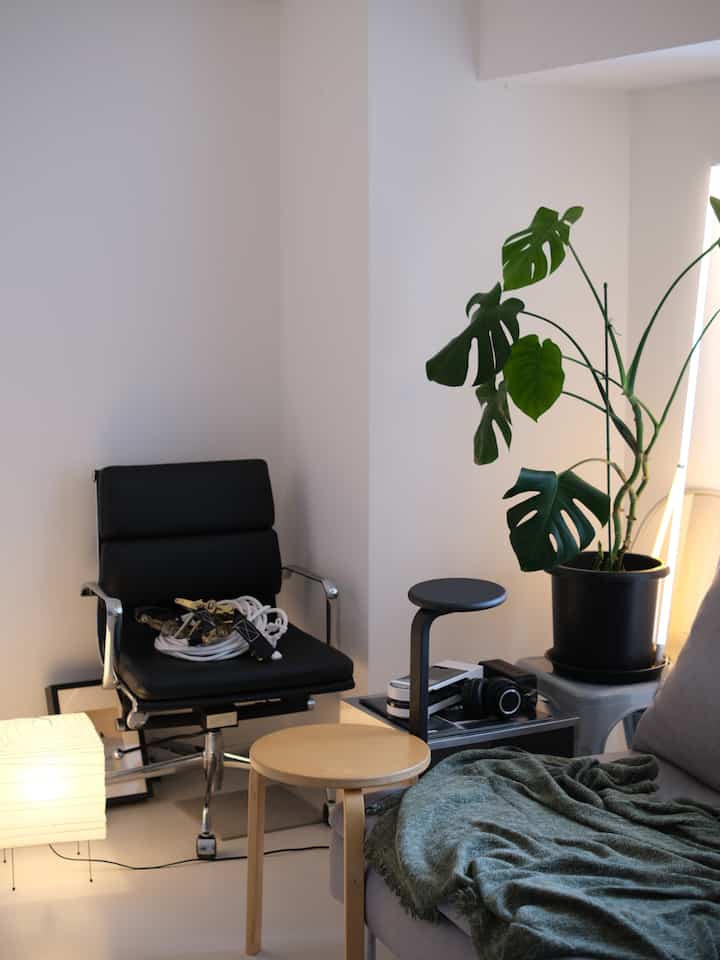 Living room with white walls and floor featuring black armchair and large plant in a simple, modern setting