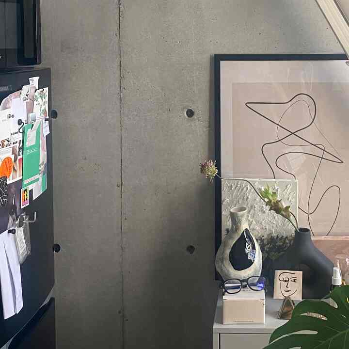 Modern interior space featuring gray concrete wall and plants with minimalist decor