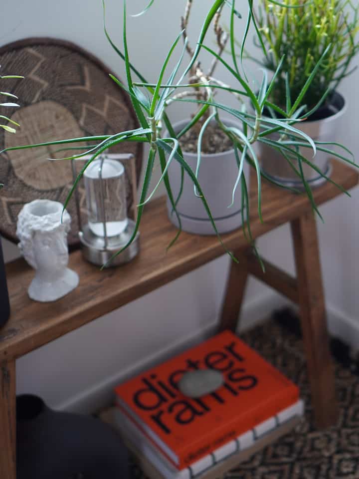 ナチュラルな木目調の小さなテーブルに植物と装飾品が配置されたミニマルな印象的な空間