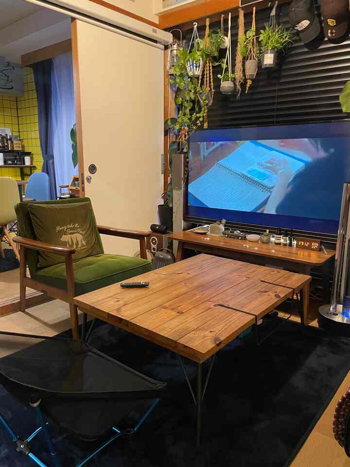 ナチュラルな木目調と緑色のチェアが印象的なコンパクトなリビング、テレビと多様な植物が配置された居心地の良い空間