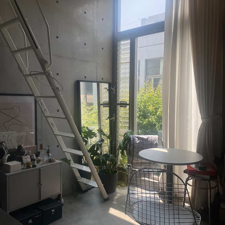 シルバーと白のトーンの小さなモダンリビング、 大きな窓と植物が配置された明るくすっきりした空間