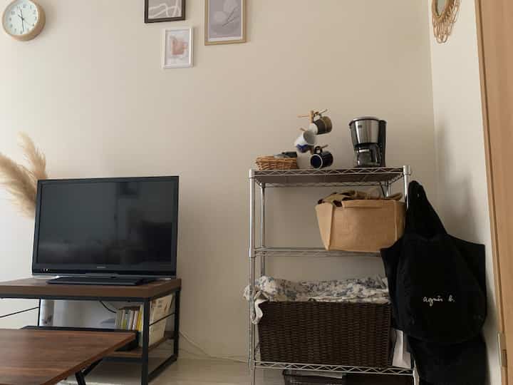 白とグレーのトーンで統一されたワンルーム、テレビ台とメタル収納ラックが配置されたミニマルなインテリア