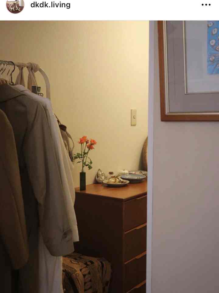 温かみのあるブラウンの木目調のコンパクトな狭い部屋、コートハンガーとチェストが配置された落ち着いたインテリア