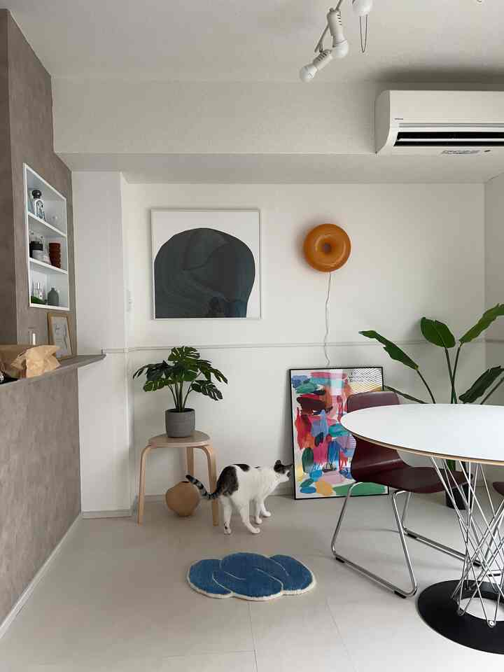 Simple living room with white walls, natural decor, dining table and chairs, plants, featuring a cat